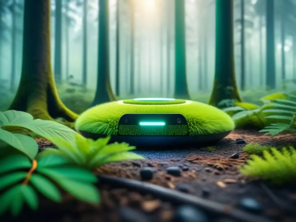 Red de sensores IoT integrada en un bosque, emitiendo luz futurista entre la exuberante vegetación