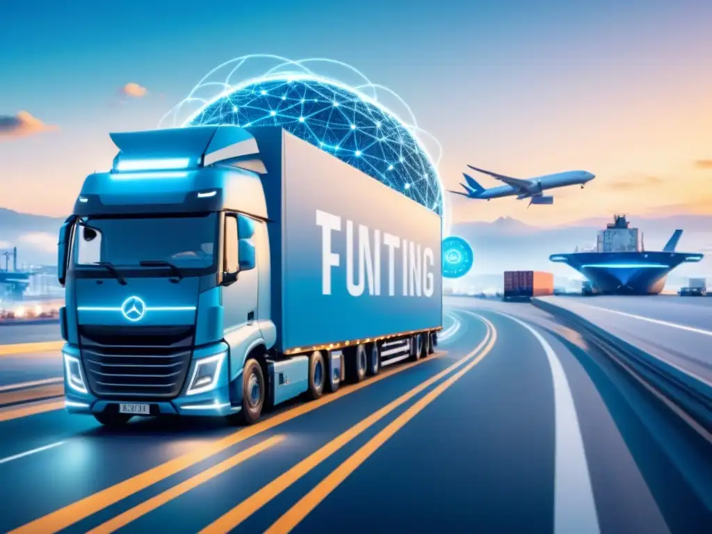 Red de cadena de suministro futurista: contratos inteligentes y logística eficiente en azules y tonos metálicos Red de suministro futurista con contratos inteligentes y operaciones logísticas eficientes en tonos metálicos y azules