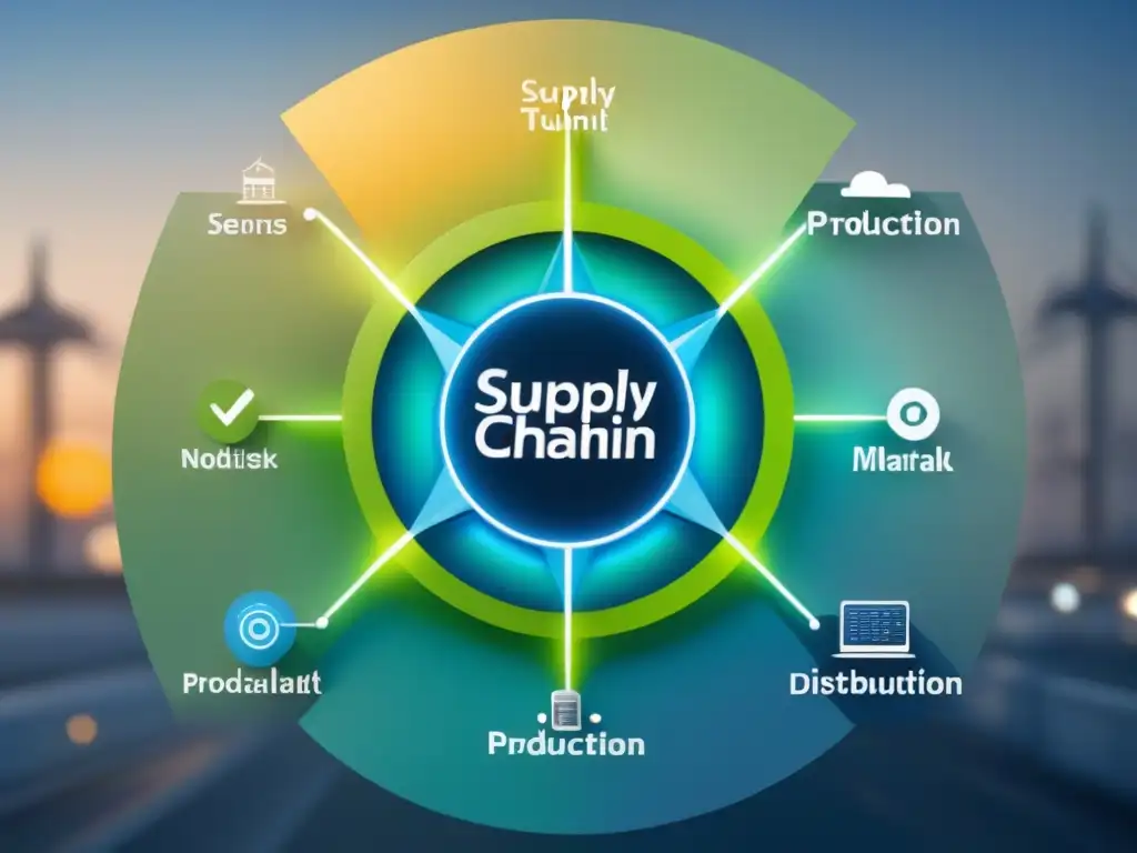 Una red de suministro moderna e interconectada con nodos que representan distintas etapas de producción y distribución