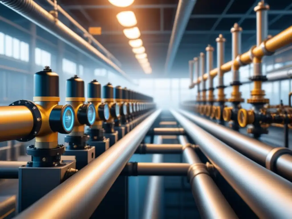 Red de tuberías y válvulas: IoT para gestión eficiente del agua en fábrica Red de tuberías y válvulas en fábrica moderna, muestra un sistema IoT para optimización recursos hídricos fábricas