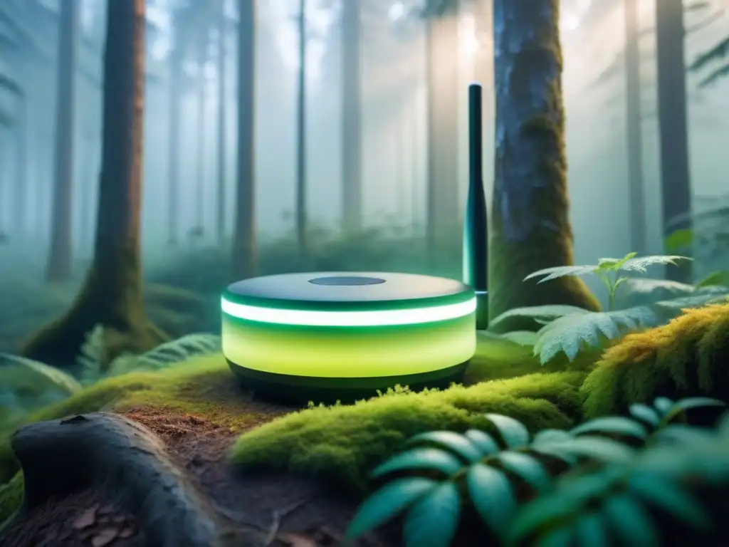 Redes de sensores inalámbricos ambientales integradas en el exuberante bosque al amanecer