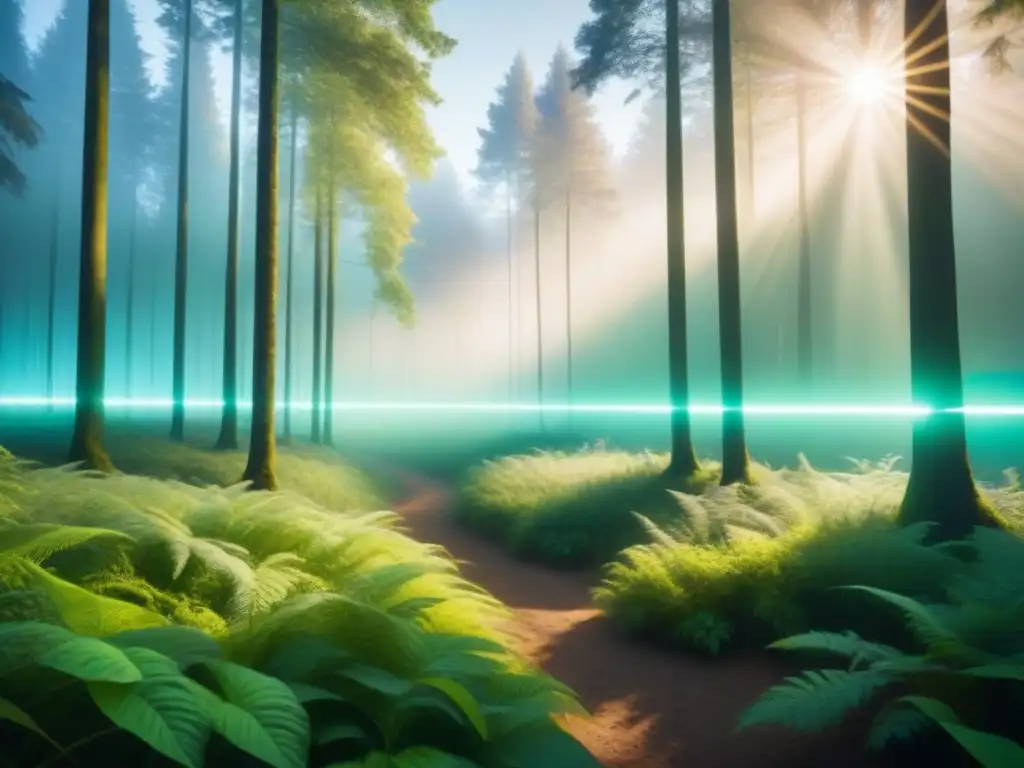 Redes de sensores inalámbricos ambientales integrados en un paisaje verde y futurista, emitiendo una suave luz