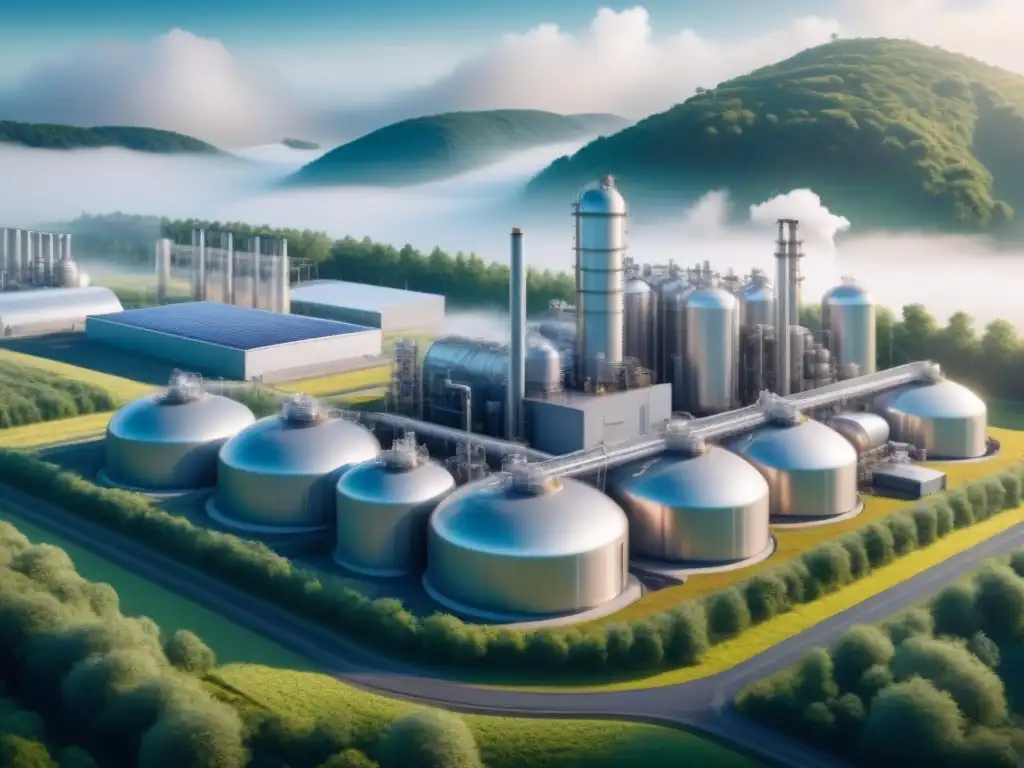 Biorefinería futurista integrada en la naturaleza Una refinería del futuro integrada en un entorno natural, con tecnologías biocombustibles de tercera generación