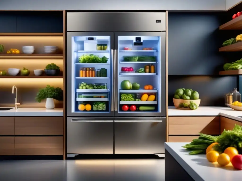 La innovación en refrigeración de alimentos: cocina moderna con tecnología avanzada y nevera inteligente de vidrio transparente