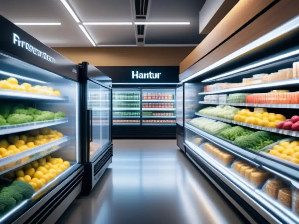 Refrigeración de alimentos sostenible: Imagen 8k detallada de moderna unidad en supermercado con tecnología avanzada y clientes comprando