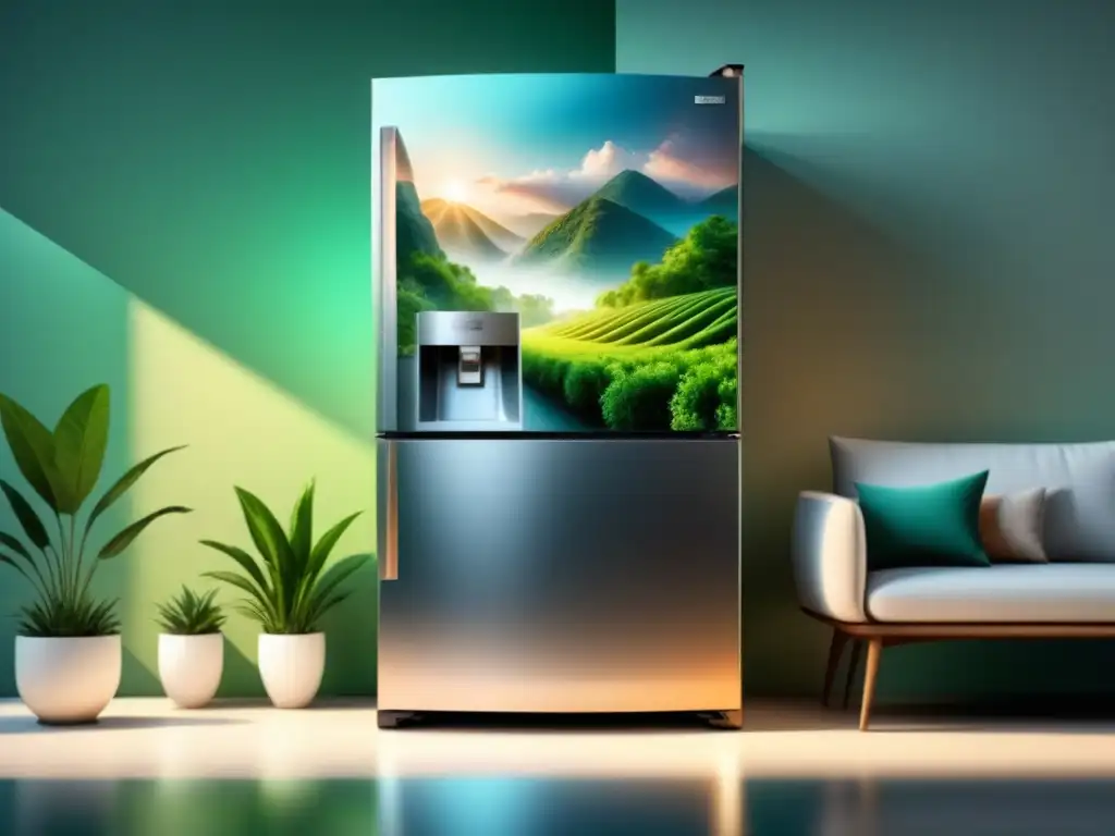 Refrigerador ecológico: diseño moderno y sostenible Refrigeración ecofriendly con tecnología avanzada rodeada de vegetación y paneles solares