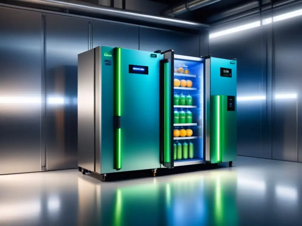 Refrigeración industrial eficiente: sistema moderno con diseño futurista, indicadores de consumo y operaciones ecológicas en azules y verdes