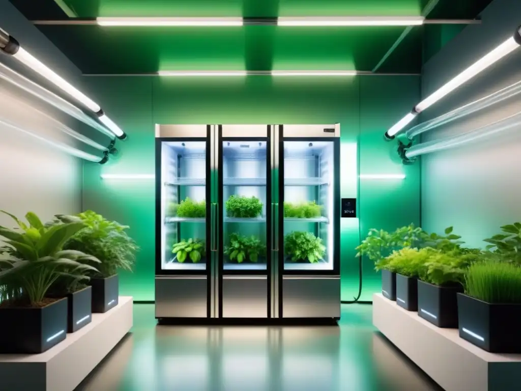 Refrigeración industrial con refrigerantes ecológicos: unidad moderna con tuberías ecofriendly y plantas verdes en su interior