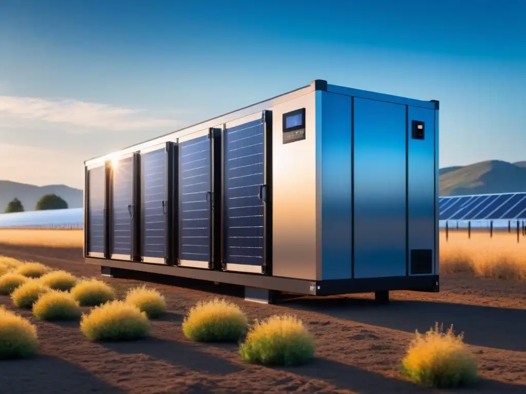 Refrigeración industrial solar: eficiencia y sostenibilidad Refrigeración solar sostenible para industrias: Unidad moderna y eficiente contra un cielo azul brillante