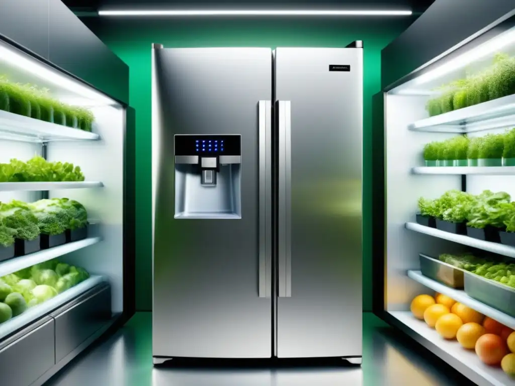Refrigeración sostenible: frescura eco-chic Refrigeración sostenible rodeada de vegetación vibrante