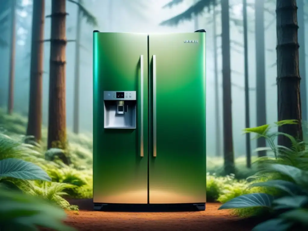 Un refrigerador ecológico futurista en un bosque verde, con tecnologías de refrigeración sostenible