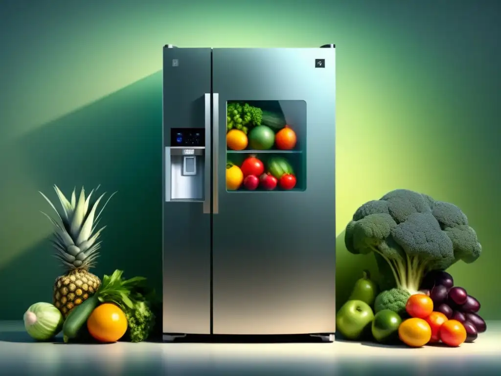 Refrigerador ecológico futurista con frutas y verduras organizadas, transmitiendo modernidad y sostenibilidad