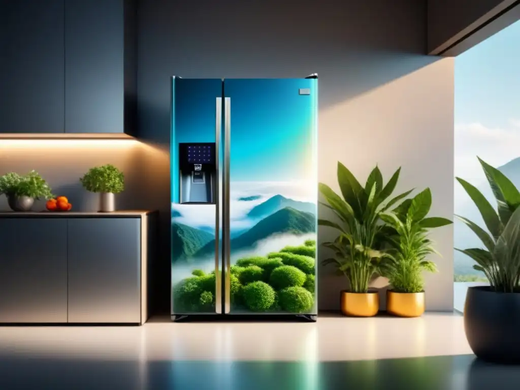 Un refrigerador ecológico futurista con tecnología avanzada y diseño elegante, en una cocina sostenible