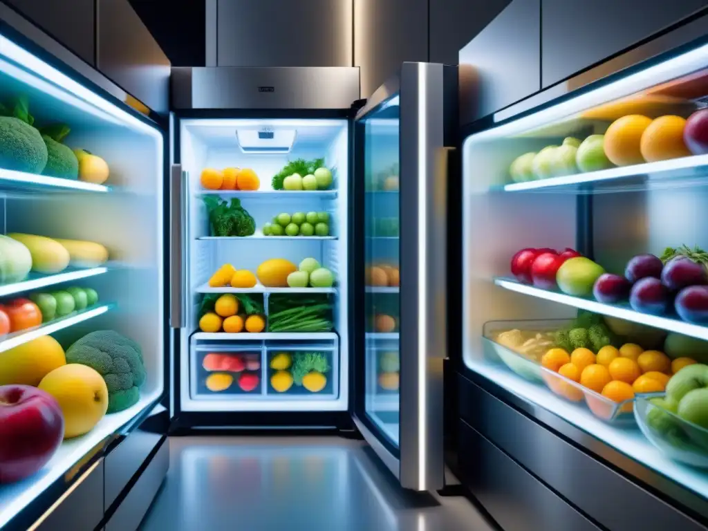 Un refrigerador futurista muestra alimentos frescos y organizados en un ambiente moderno y sostenible