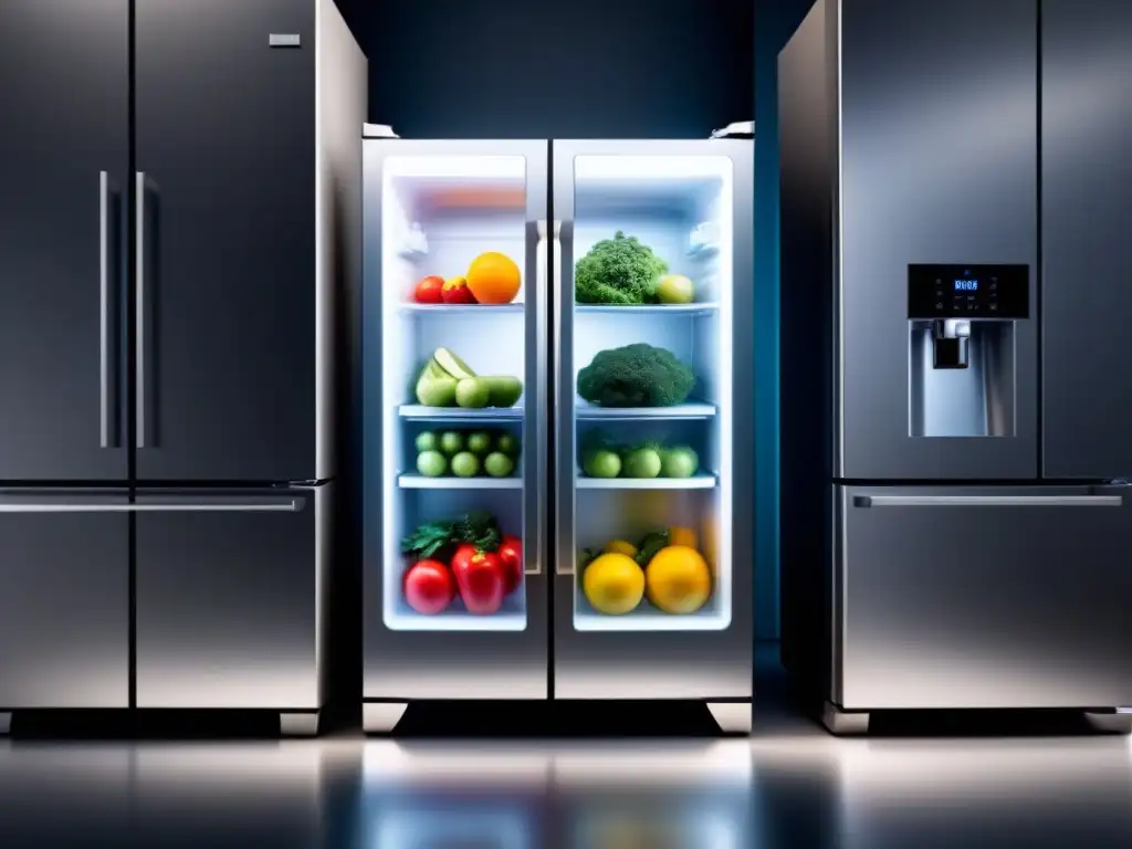 Refrigerador futurista con avances científicos en refrigeración de alimentos, frutas y verduras frescas organizadas en su interior