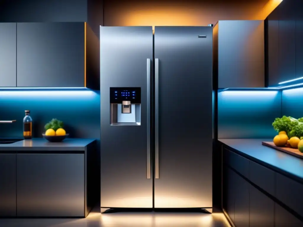 Un refrigerador futurista con diseño minimalista y tecnología de refrigeración avanzada, en una cocina moderna y tecnológica