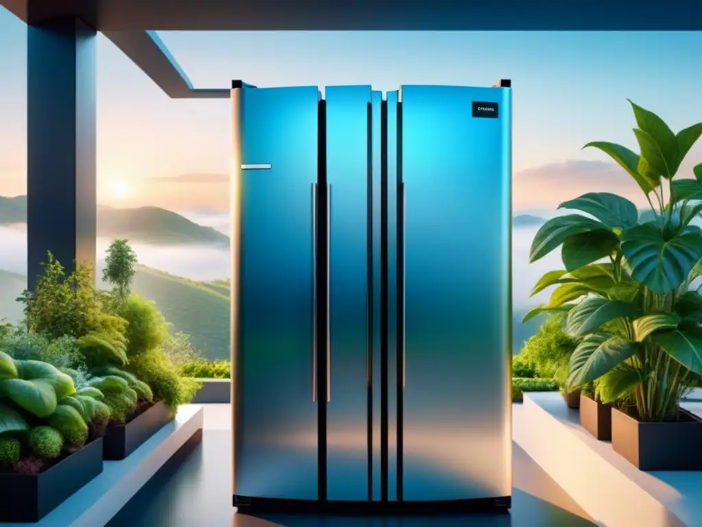 Refrigerador futurista ecofriendly rodeado de naturaleza