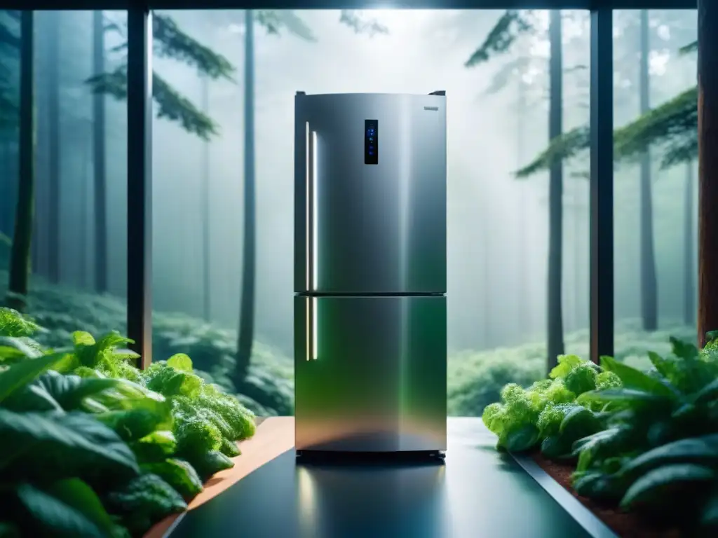 Un refrigerador futurista y elegante en armonía con la naturaleza, representando prácticas de refrigeración sostenible