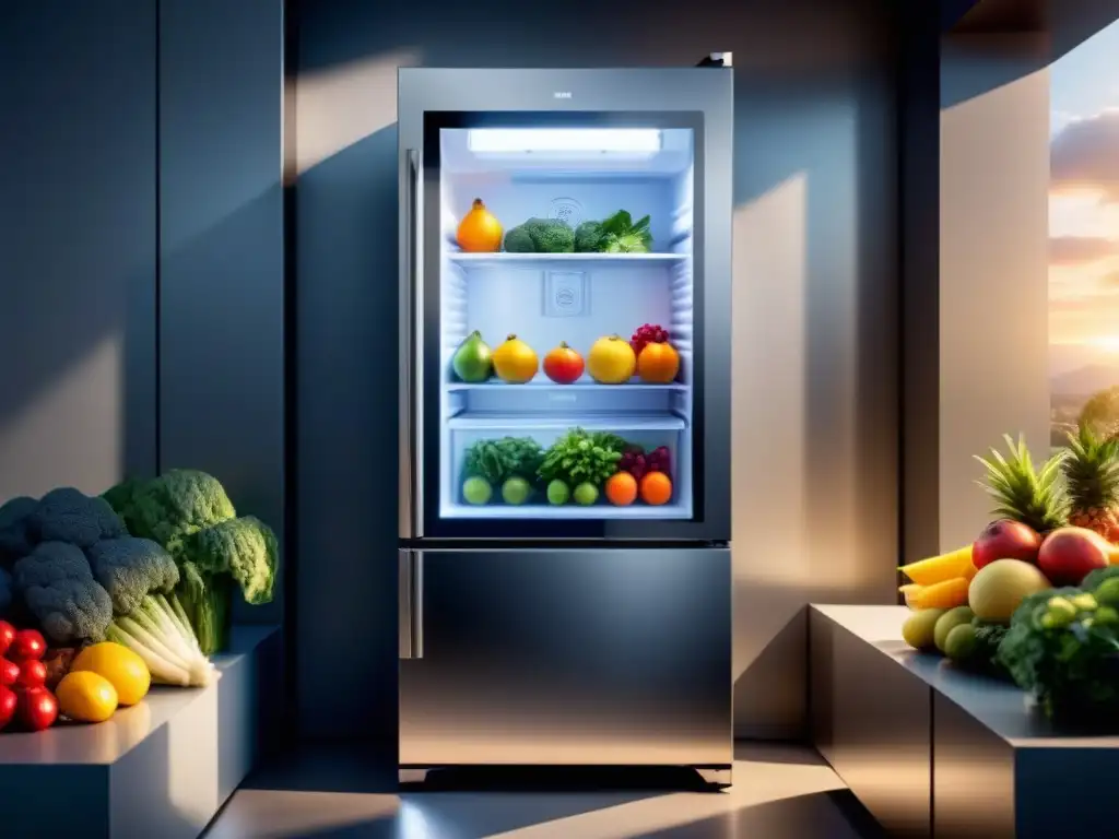 Un refrigerador futurista con frutas y verduras frescas, organizadas y vibrantes, que destaca la seguridad alimentaria con una refrigeración avanzada