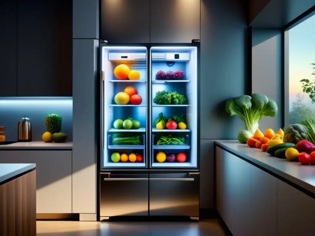 Refrigerador futurista con frutas y verduras organizadas, iluminación suave y diseño moderno