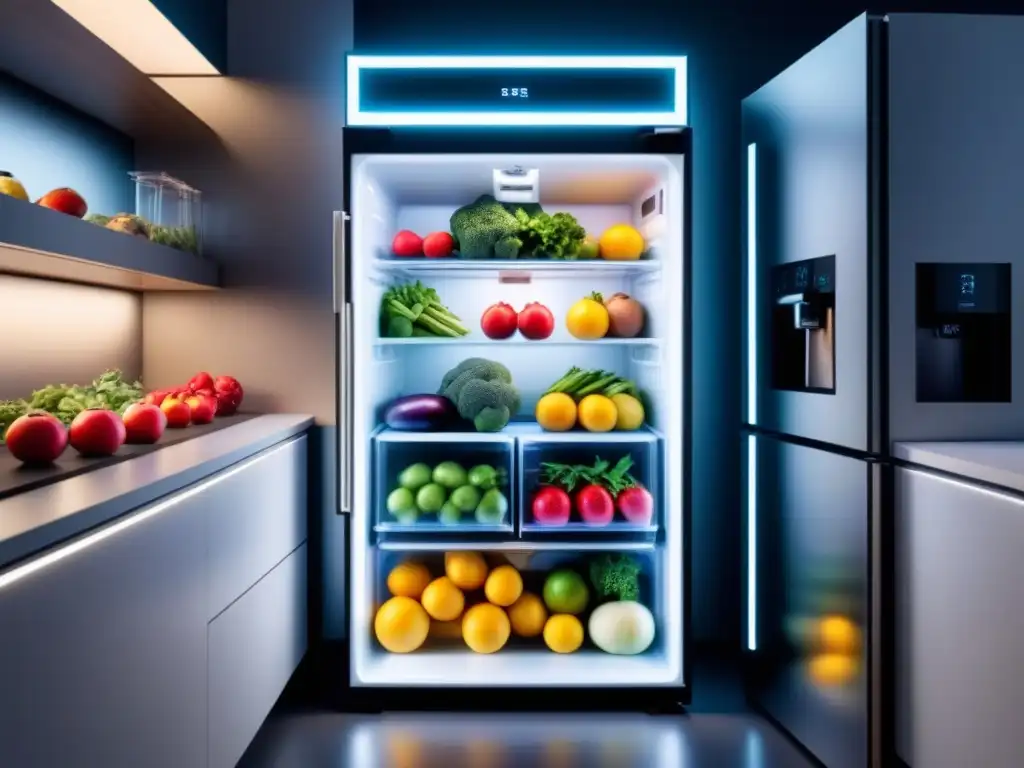 Un refrigerador futurista muestra frutas y verduras frescas con una iluminación suave y ambiental