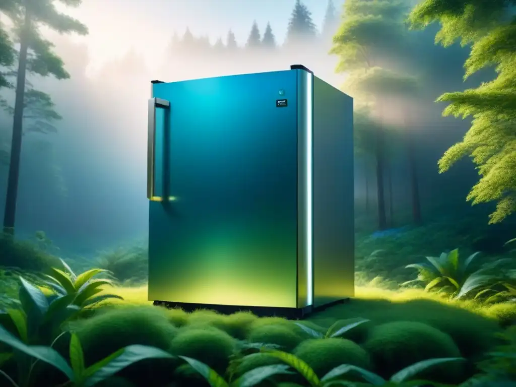 Refrigerador futurista integrado en bosque, simboliza armonía entre tecnología y naturaleza