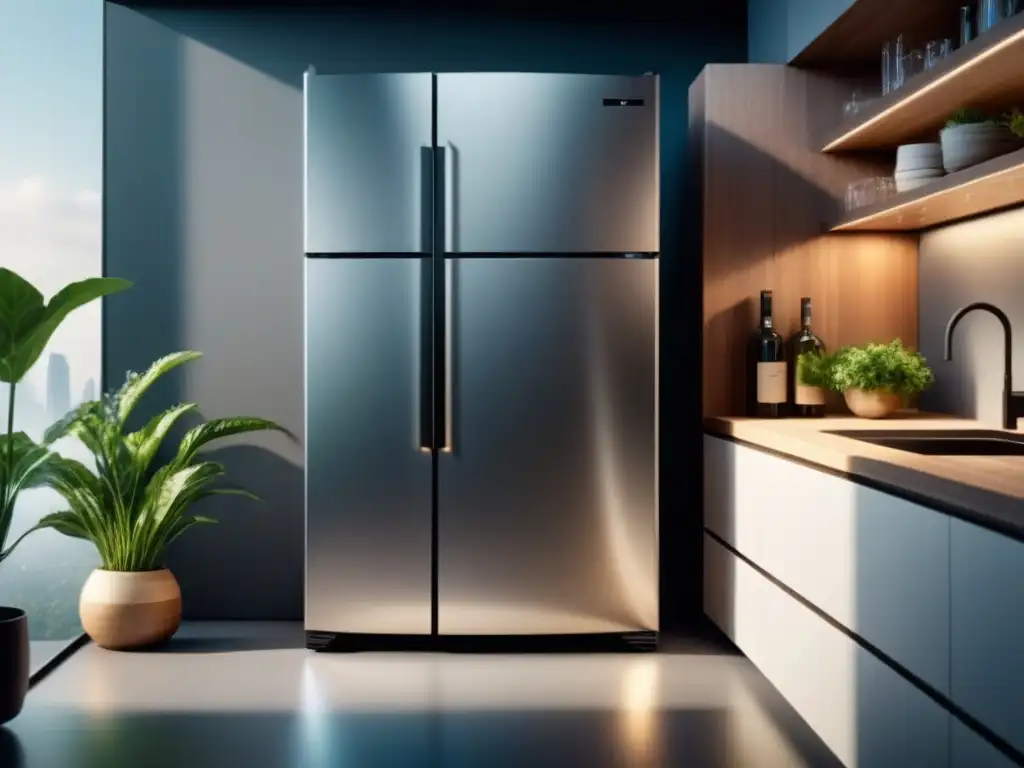 Un refrigerador futurista integrado en una cocina sostenible, con tecnologías de refrigeración sostenible, innovación y naturalidad