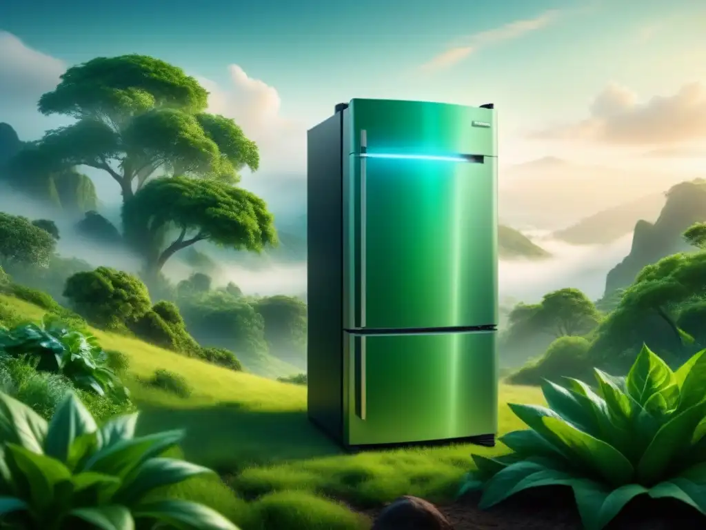 Un refrigerador futurista integrado en un paisaje verde, emitiendo un fresco vapor