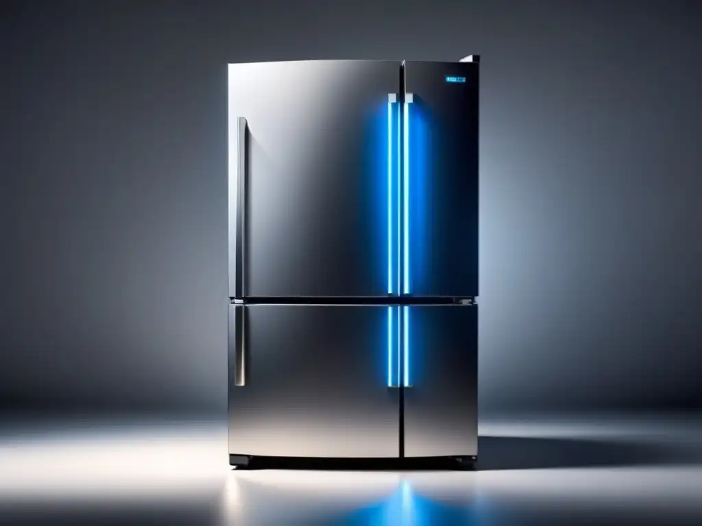 Un refrigerador futurista y minimalista con avanzadas pantallas digitales y características ecofriendly, en un fondo blanco