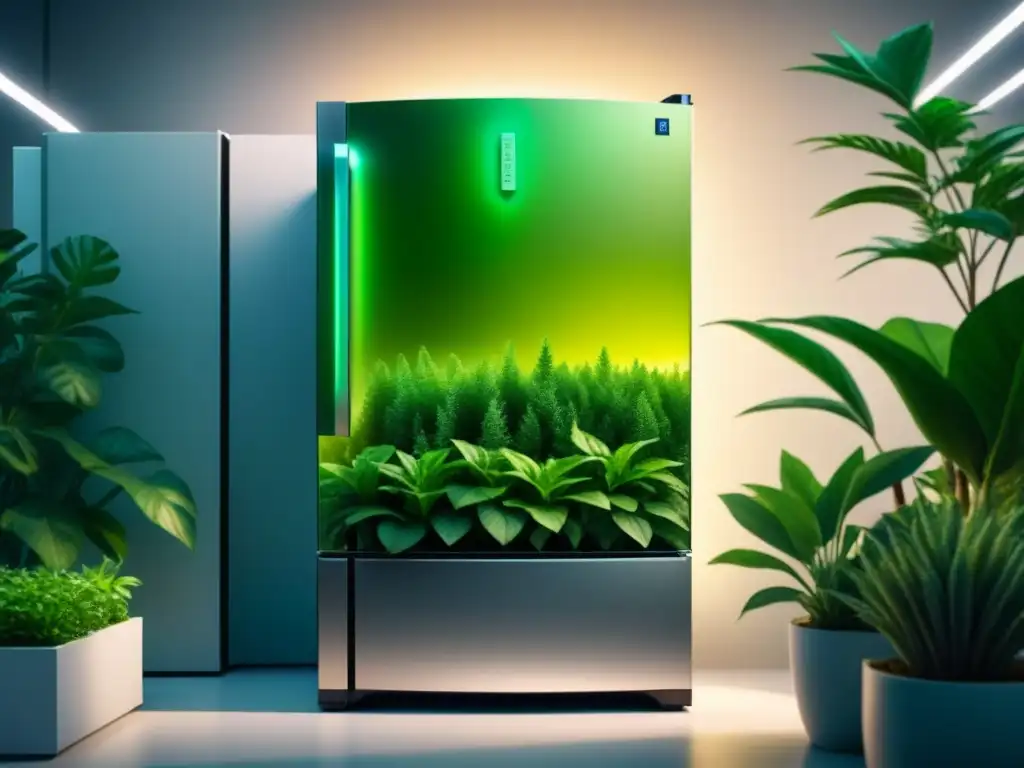 Un refrigerador futurista con plantas verdes, simbolizando sistemas de refrigeración sostenibles