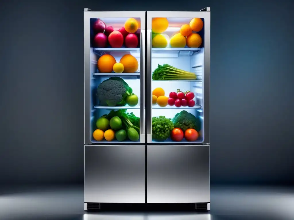 Un refrigerador futurista con puertas de vidrio transparente, lleno de frutas y verduras coloridas organizadas, iluminado suavemente