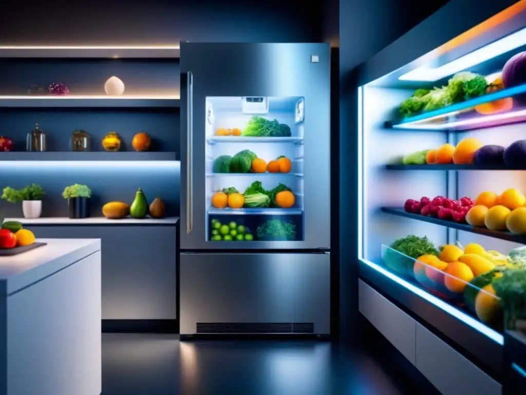 Un refrigerador futurista con puertas de vidrio transparente lleno de alimentos frescos y coloridos