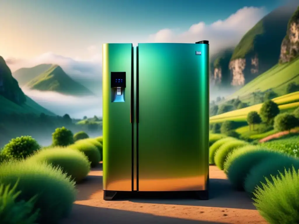 Refrigerador futurista sostenible en paisaje verde