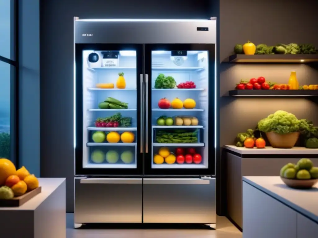 Refrigerador futurista con tecnología avanzada de refrigeración, estantes organizados y alimentos frescos