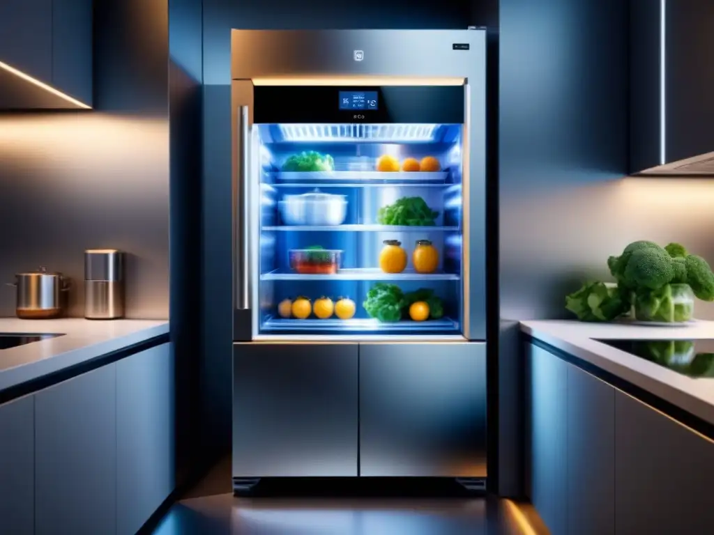 Un refrigerador futurista con tecnologías emergentes en refrigeración en una cocina de alta tecnología