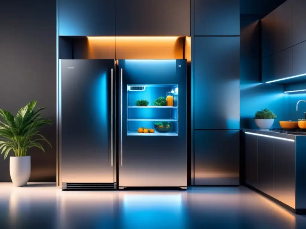 Un refrigerador futurista con tecnologías de refrigeración innovadoras en una cocina moderna