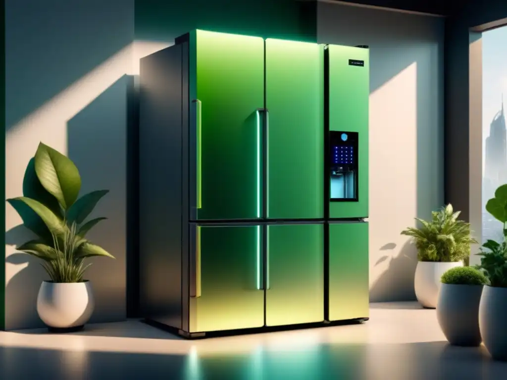 Un refrigerador futurista con tecnologías de refrigeración sostenible, diseño minimalista y detalles ecológicos innovadores