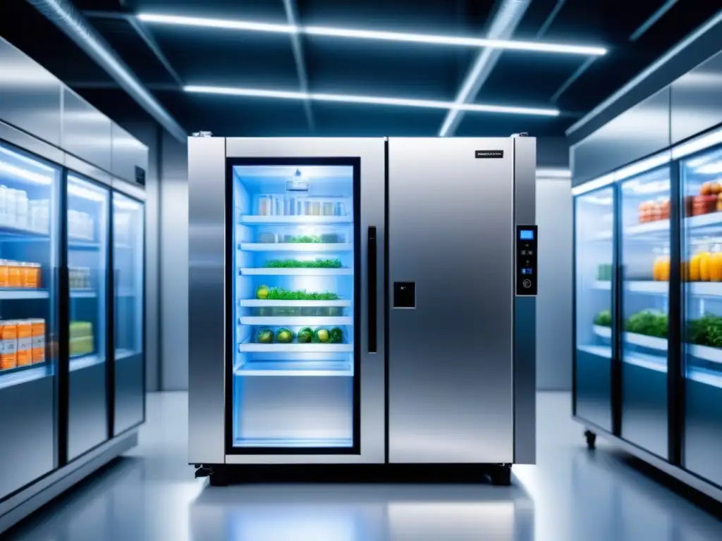 Un refrigerador industrial futurista con diseño minimalista y elegante en acero inoxidable, con luces LED y tecnología digital