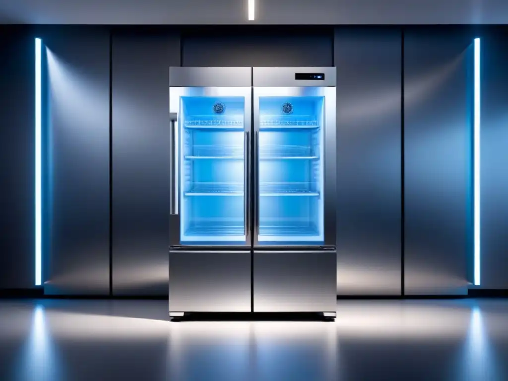 Refrigerador industrial futurista con tecnologías emergentes en refrigeración en un ambiente moderno y bien iluminado