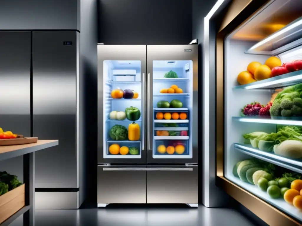 Refrigerador moderno con alimentos frescos y organizados