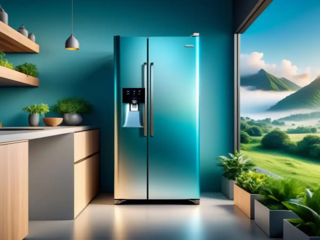 Refrigerador moderno con características ecológicas y un paisaje natural sereno