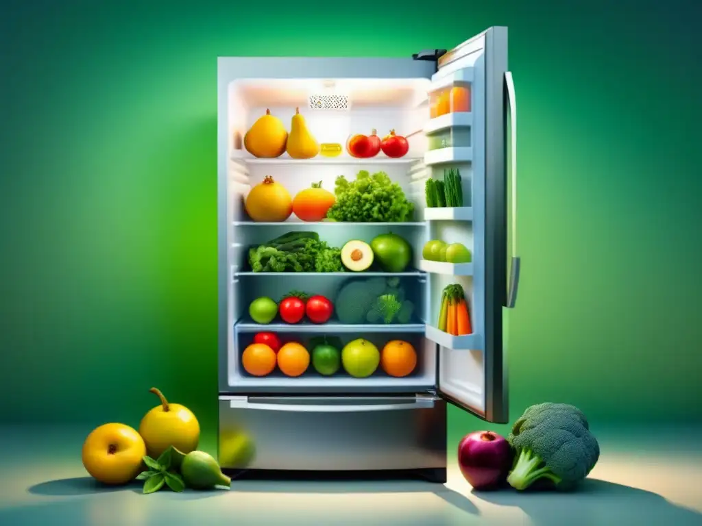 Un refrigerador moderno y eficiente con organización de frutas y verduras, iluminado y ecoamigable