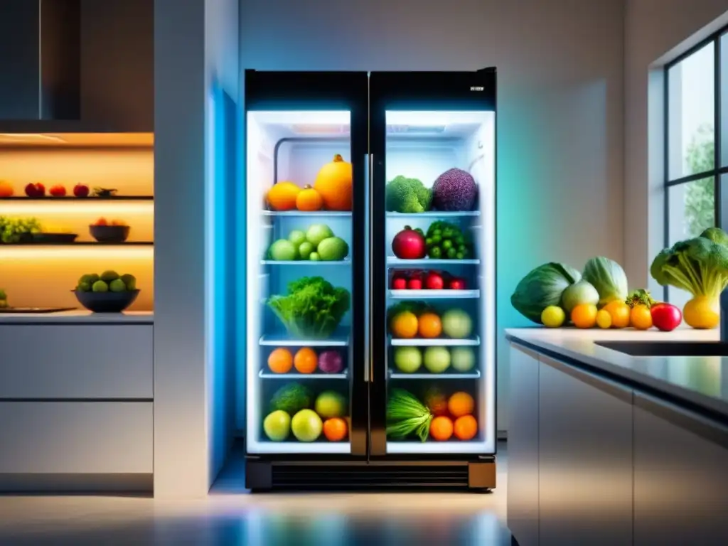 Refrigerador moderno con frutas y verduras, ambiente ecofriendly con tecnologías de refrigeración sostenible