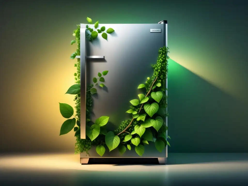 Refrigerador moderno con hojas verdes, simbolizando el impacto de políticas de refrigeración ecológica