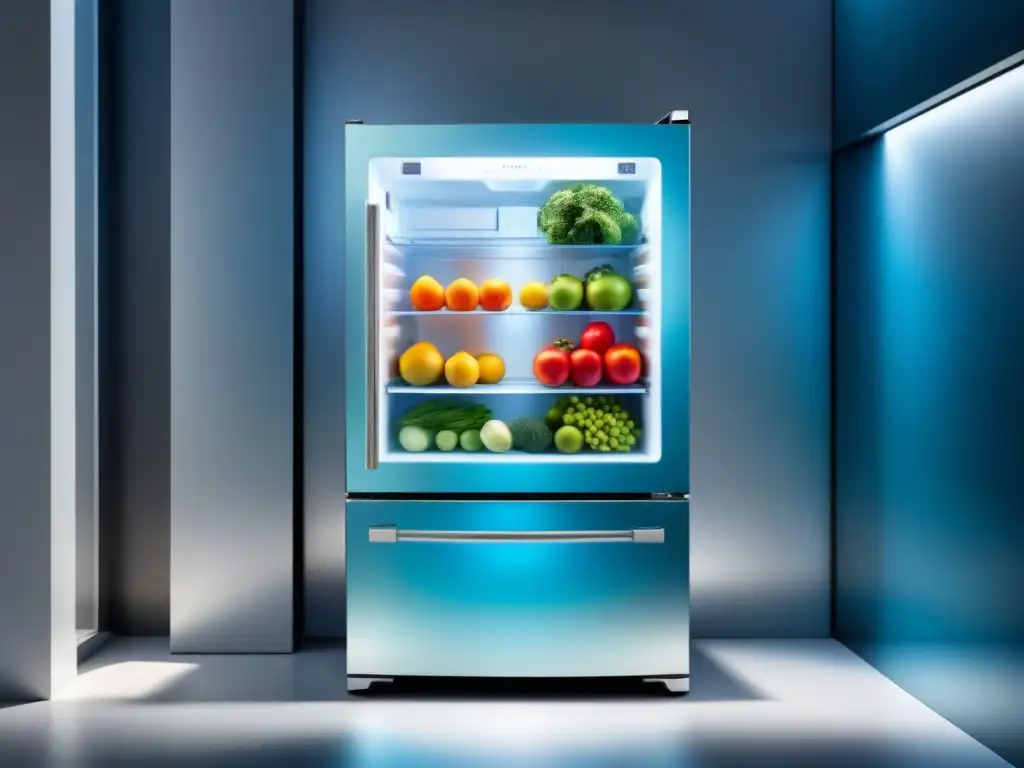 Un refrigerador moderno iluminado en azul, exhibe frutas y verduras organizadas, destacando su diseño ecológico