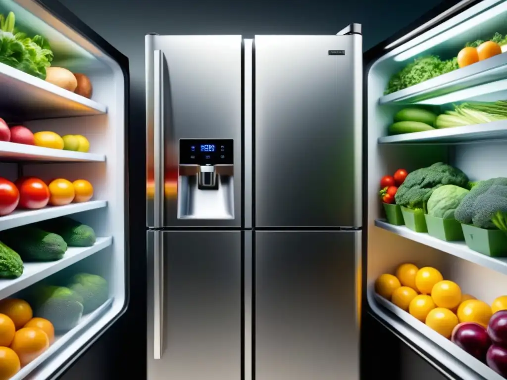 Un refrigerador moderno lleno de alimentos frescos y empaques sostenibles, con puerta entreabierta hacia un jardín exuberante