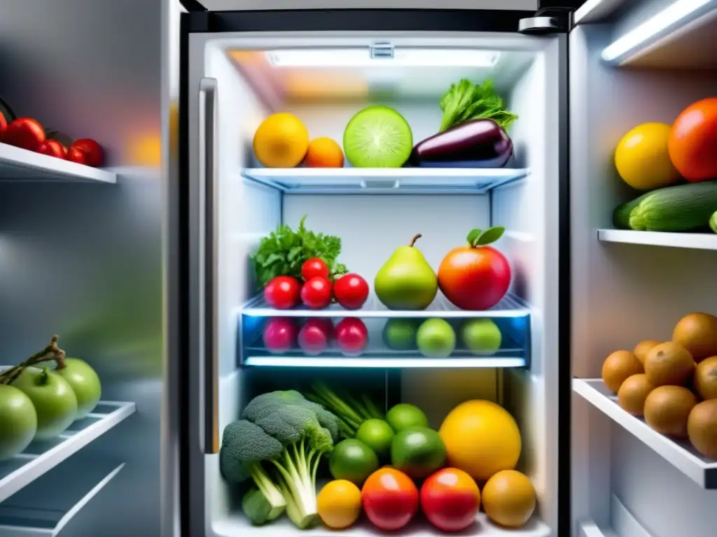 Un refrigerador moderno lleno de frutas y verduras frescas resalta tendencias en empaquetado de alimentos frescos