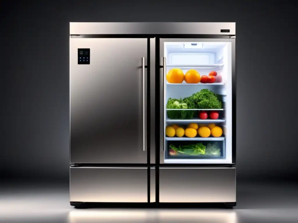 Refrigerador moderno con pantalla digital, compartimentos variados y fondo blanco transmitiendo refrigeración avanzada seguridad alimentaria