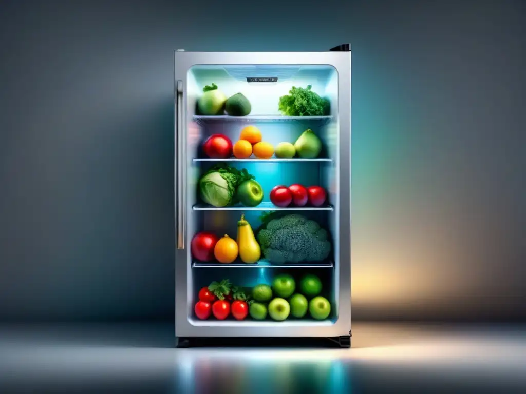 Un refrigerador moderno con puerta de vidrio muestra frutas y verduras organizadas