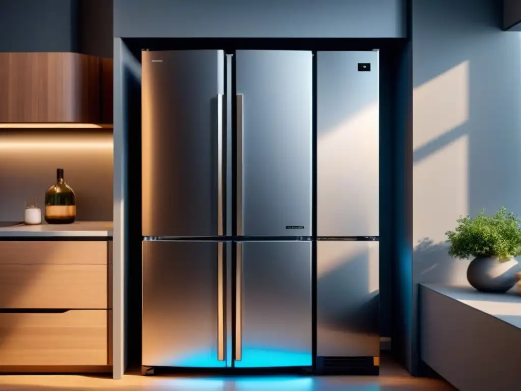 Refrigerador moderno con refrigeración magnética para conservación alimentos en cocina elegante